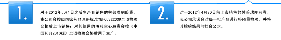 1.对于2012年5月1日之后生产和销售的替普瑞酮胶囊，我公司会按照国家药品注册标准YBH05822009全项检验合格后上市销售；对其使用的明胶空心胶囊会按《中国药典2010版》全项检验合格后用于生产。 2.对于2012年4月30日前上市销售的替普瑞酮胶囊，我公司承诺会对每一批产品进行铬限量检验，并将其检验结果向社会公示。 