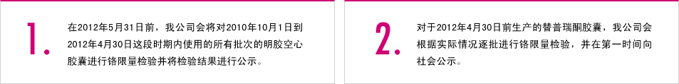 1.在2012年5月31日前，我公司会将对2010年10月1日到2012年4月30日这段时期内使用的所有批次的明胶空心胶囊进行铬限量检验并将检验结果进行公示。 2.对于2012年4月30日前生产的替普瑞酮胶囊，我公司会根据实际情况逐批进行铬限量检验，并在第一时间向社会公示。